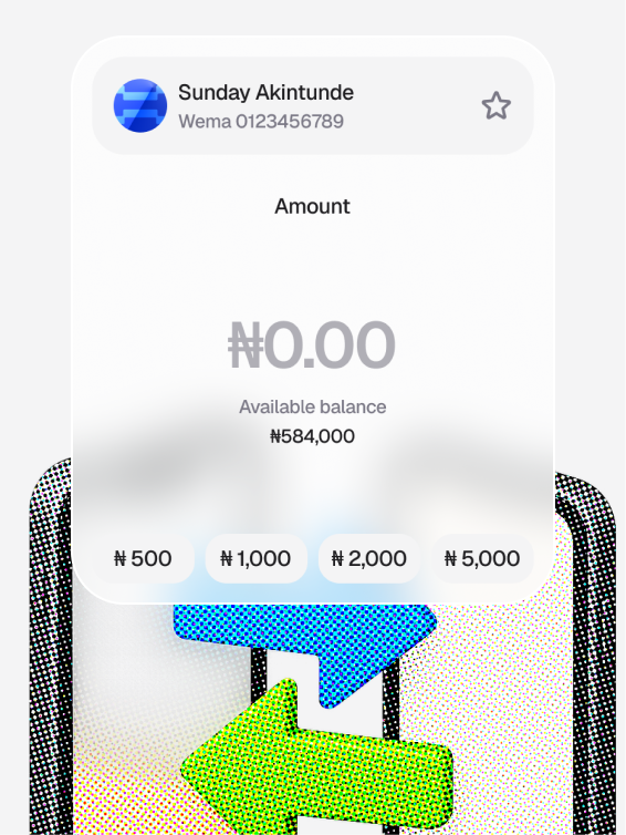 Send money screen with recipient Sunday Akintunde and quick amount chips