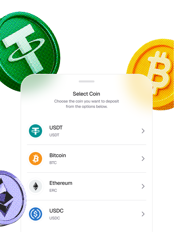 Select coin screen listing USDT, Bitcoin, Ethereum and USDC