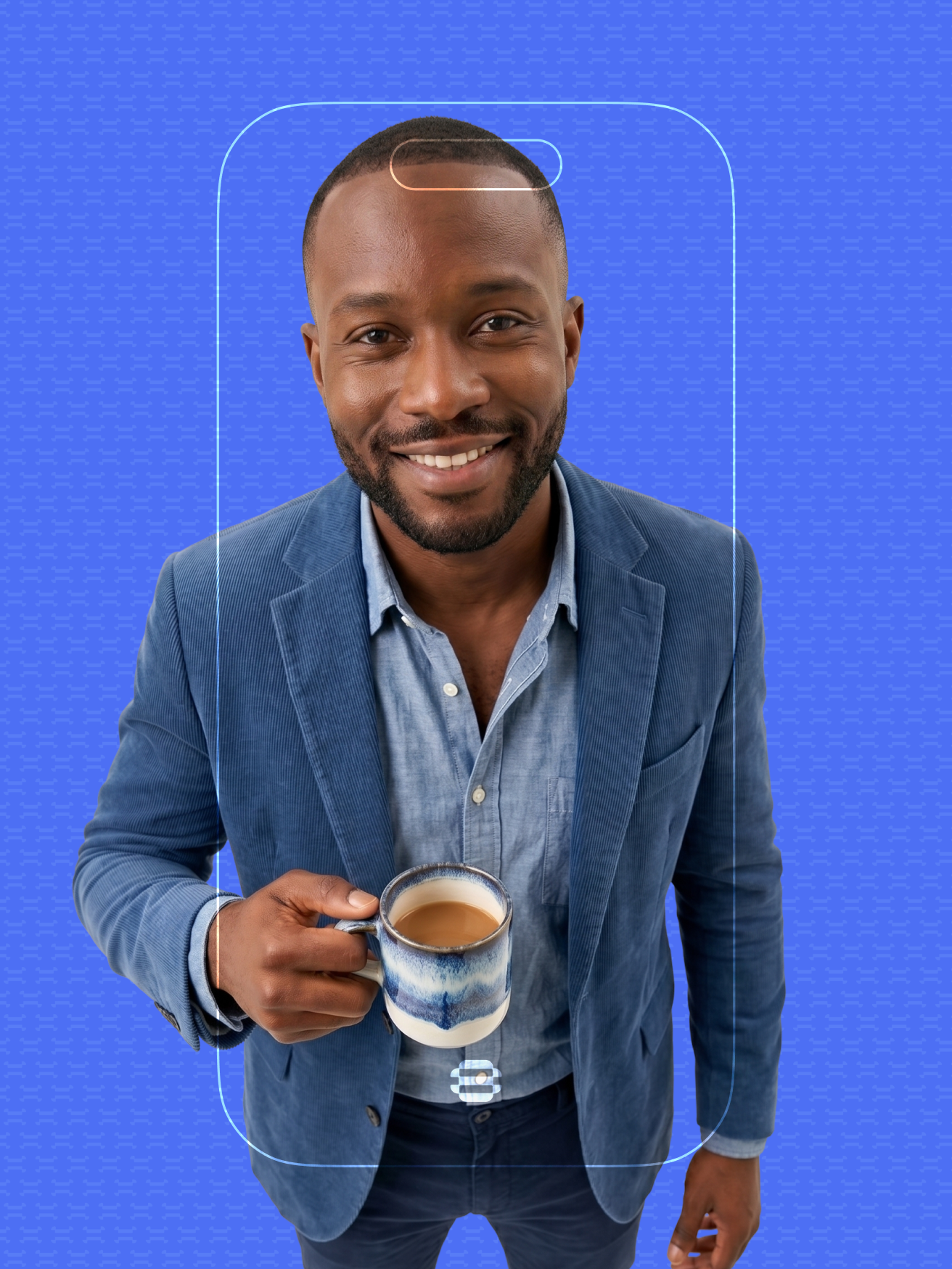 Business owner in a blue jacket holding a cup of coffee
